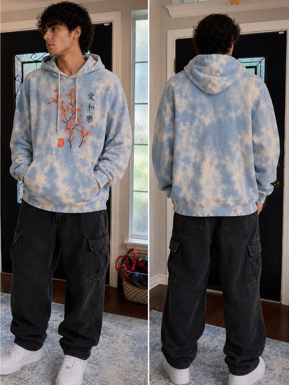T.J.Maxx Light Blue Tie-Dye Hoodie with Orange Floral Graphic